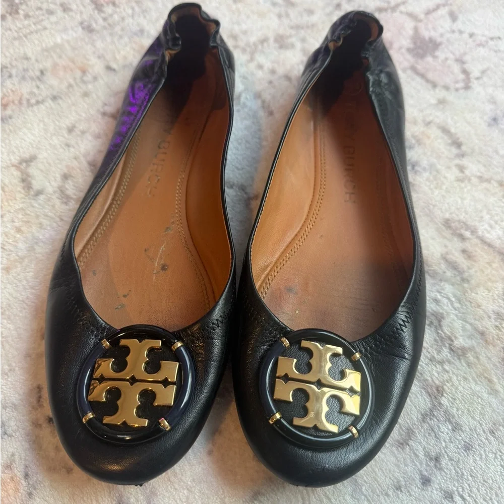 Tory Burch Black Leather Logo Ballet Flats with Gold Emblem